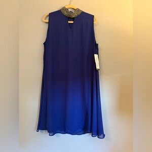 Embellished Trapeze Flowy Blue Dress Silky Shift Dress